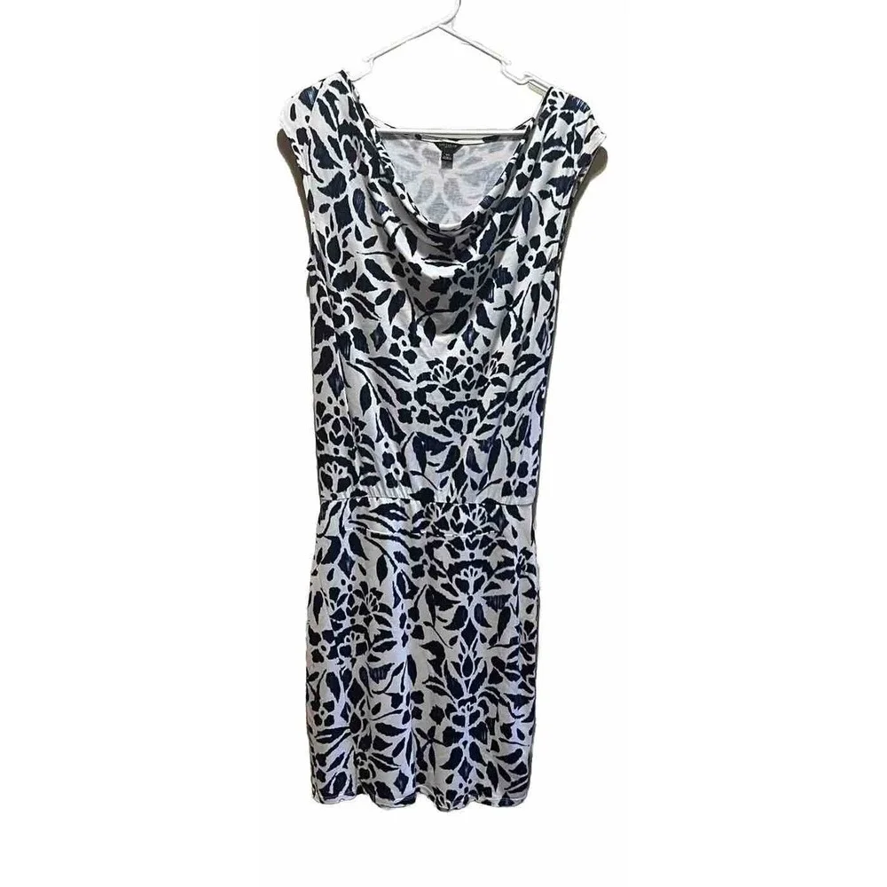 Ann‎ Taylor Knit Dress XS Midi Ivory Navy Flower Print EUC